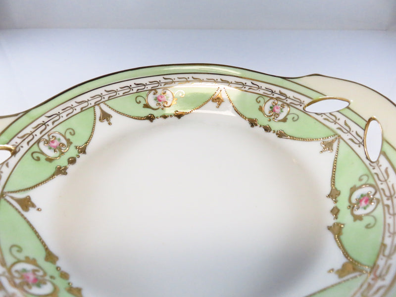 Antique Hand Painted Nippon Service Bowl, Green, White, Rose, Gold Guilt Pattern View