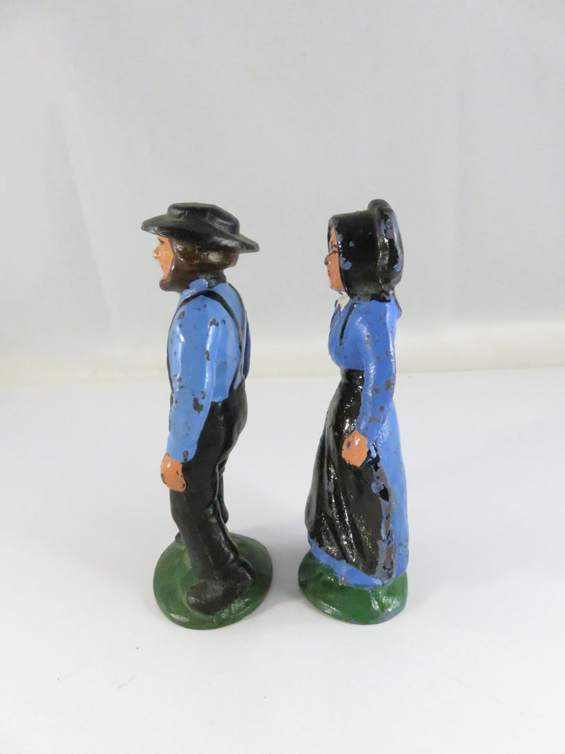 Vintage Cast Iron Amish Couple Figurines Hand-Painted Blue & Black approx. 4 1/4"