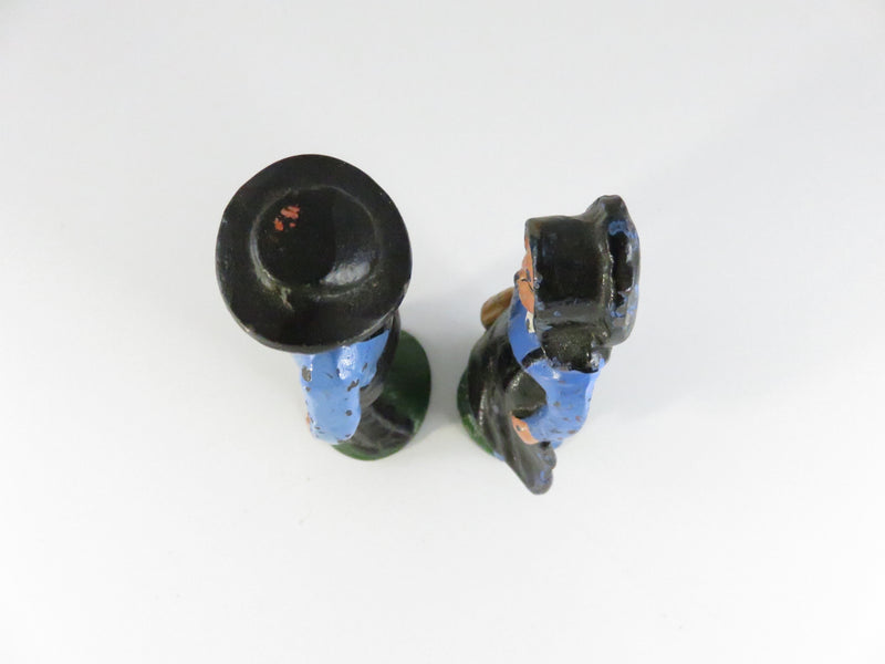 Vintage Cast Iron Amish Couple Figurines Hand-Painted Blue & Black approx. 4 1/4"