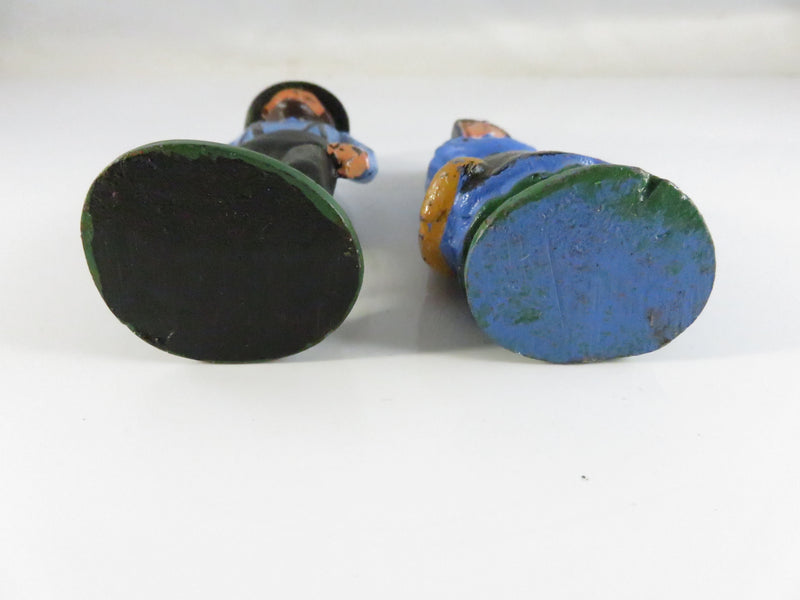 Vintage Cast Iron Amish Couple Figurines Hand-Painted Blue & Black approx. 4 1/4"