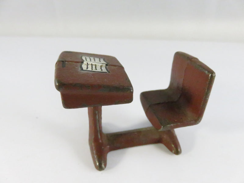 Vintage Cast Iron School Desk Figurine with Painted Book & Pencil, Brown