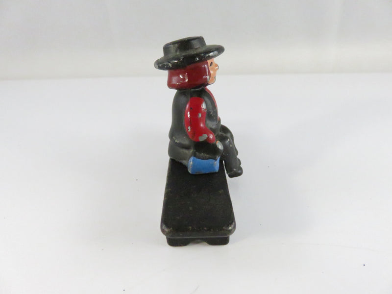 Vintage Cast Metal Painted Amish Boy on Bench Figurine, Red & Black, Folk Art