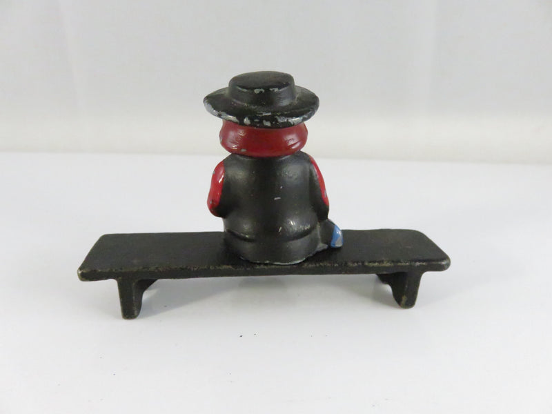 Vintage Cast Metal Painted Amish Boy on Bench Figurine, Red & Black, Folk Art