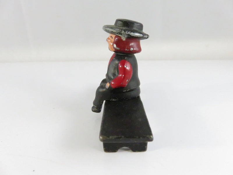Vintage Cast Metal Painted Amish Boy on Bench Figurine, Red & Black, Folk Art