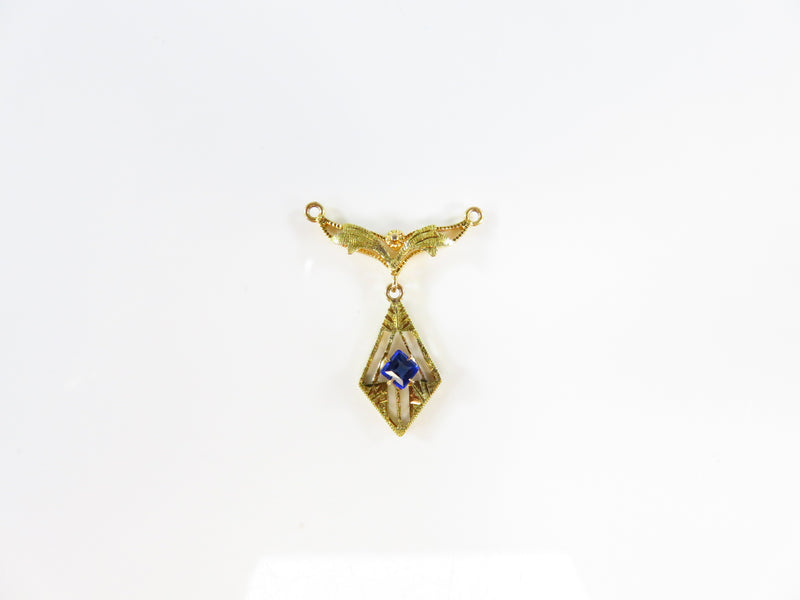 10K Yellow Gold Art Nouveau Style Lavalier Pendant Blue Paste Stone