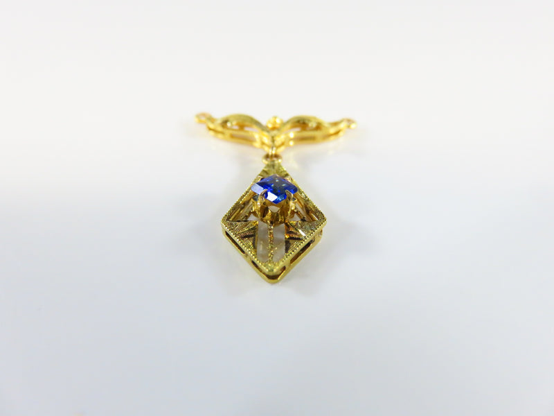 10K Yellow Gold Art Nouveau Style Lavalier Pendant Blue Paste Stone