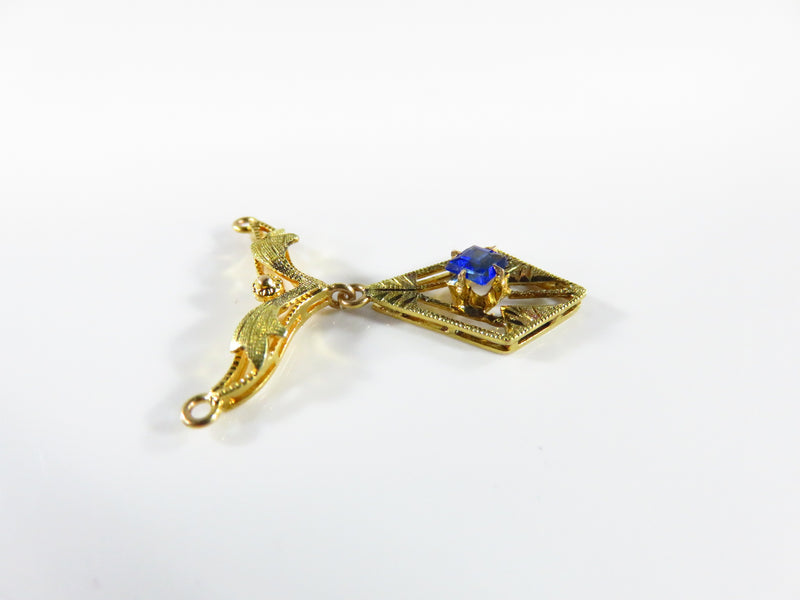 10K Yellow Gold Art Nouveau Style Lavalier Pendant Blue Paste Stone