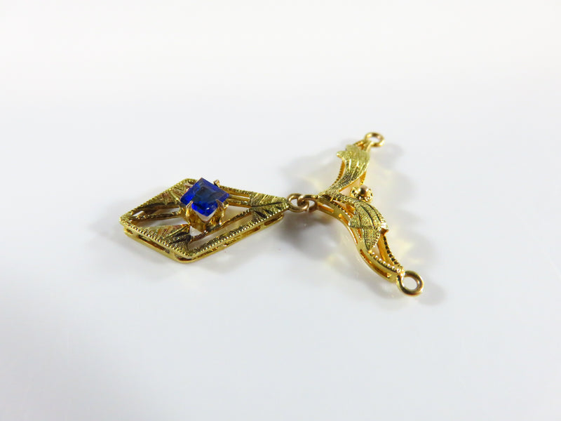 10K Yellow Gold Art Nouveau Style Lavalier Pendant Blue Paste Stone