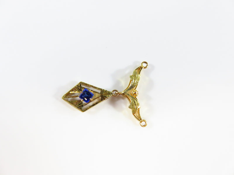 10K Yellow Gold Art Nouveau Style Lavalier Pendant Blue Paste Stone