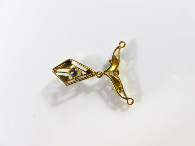 10K Yellow Gold Art Nouveau Style Lavalier Pendant Blue Paste Stone