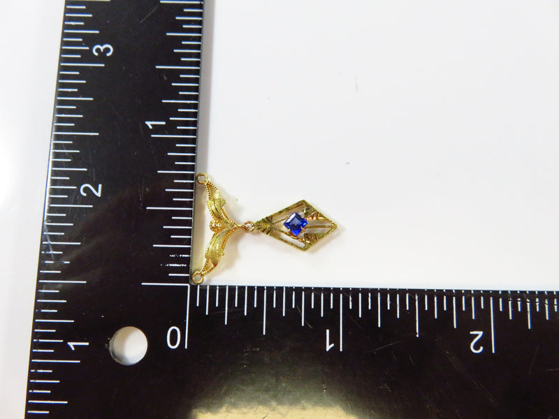 10K Yellow Gold Art Nouveau Style Lavalier Pendant Blue Paste Stone