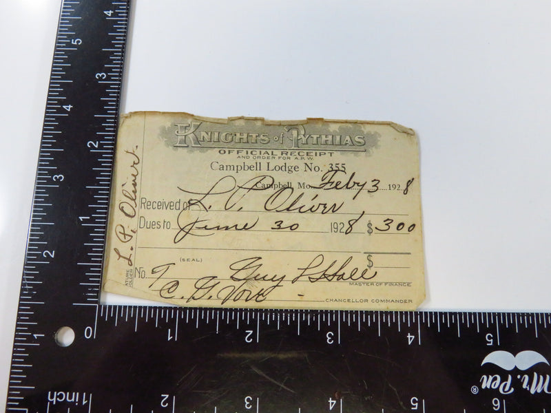 1928 Knights of Pythias Campbell Lodge No 355 MO Lloyd P Oliver Membership Receipt