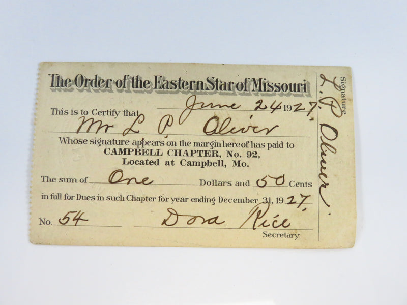 1927 The Order of the Eastern Star of Missouri No92 Campbell MO Lloyd P Oliver Membership Card