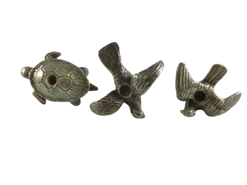 Small Vintage Pewter-Tone Animal Candle Holders Set of Birds & Turtle