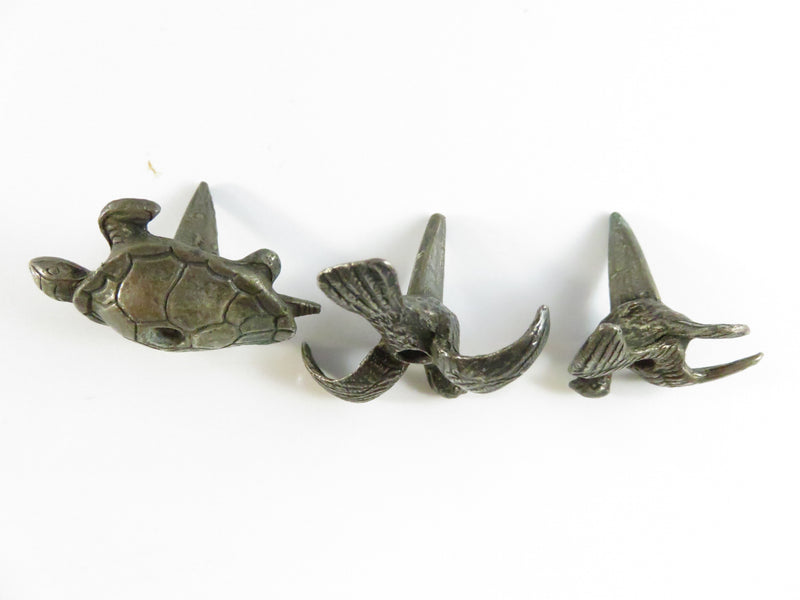 Small Vintage Pewter-Tone Animal Candle Holders Set of Birds & Turtle