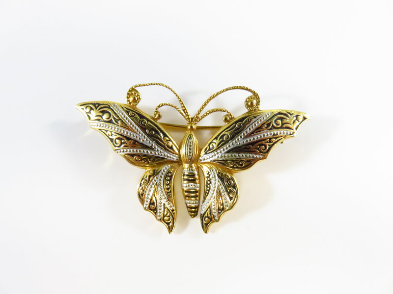 Vintage Style Damascene Butterfly Brooch Gold Gilt Black White  1 3/4" Wide