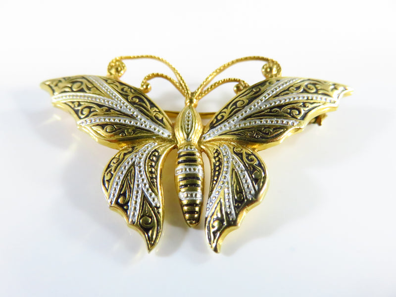 Vintage Style Damascene Butterfly Brooch Gold Gilt Black White  1 3/4" Wide