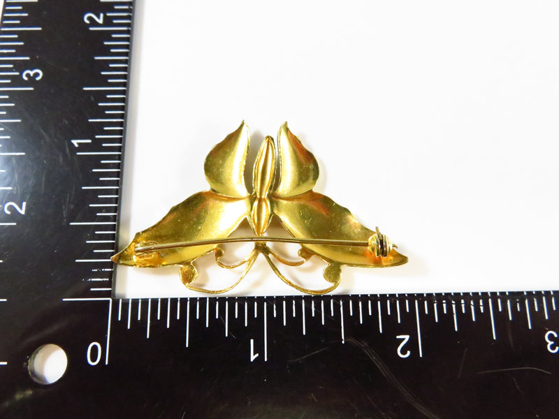 Vintage Style Damascene Butterfly Brooch Gold Gilt Black White  1 3/4" Wide