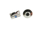 Silver cufflinks with a blue gemstone on a white background