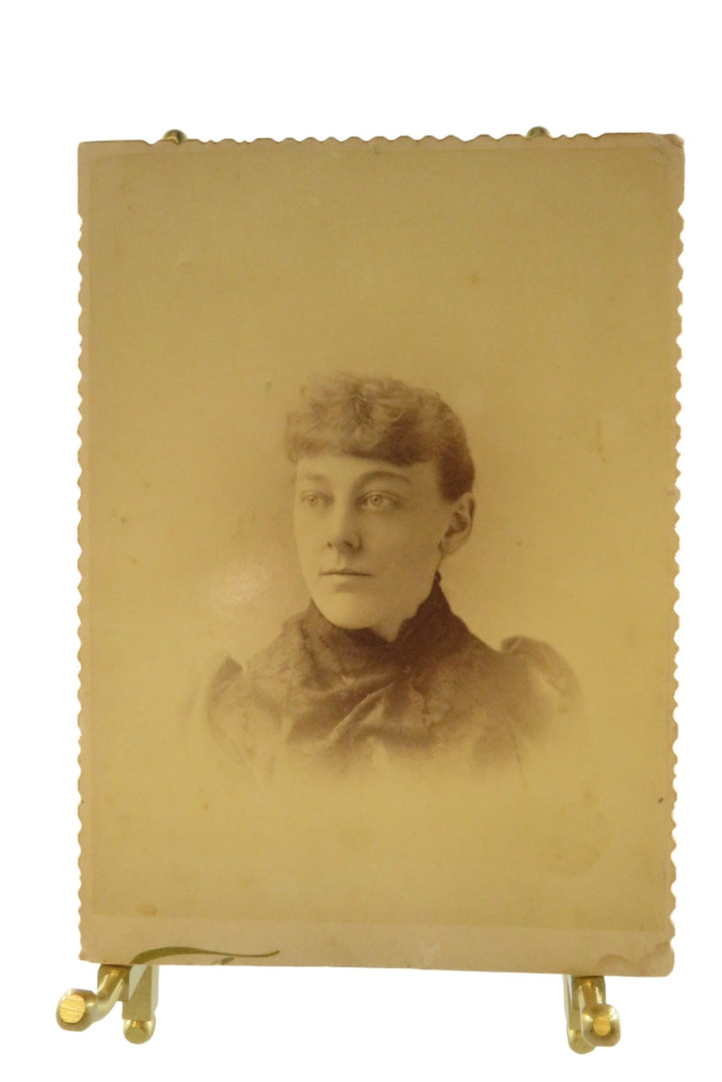 Antique Cabinet Card Woman Look Right Black Ruffles Cut Down Cabinet Card — front view