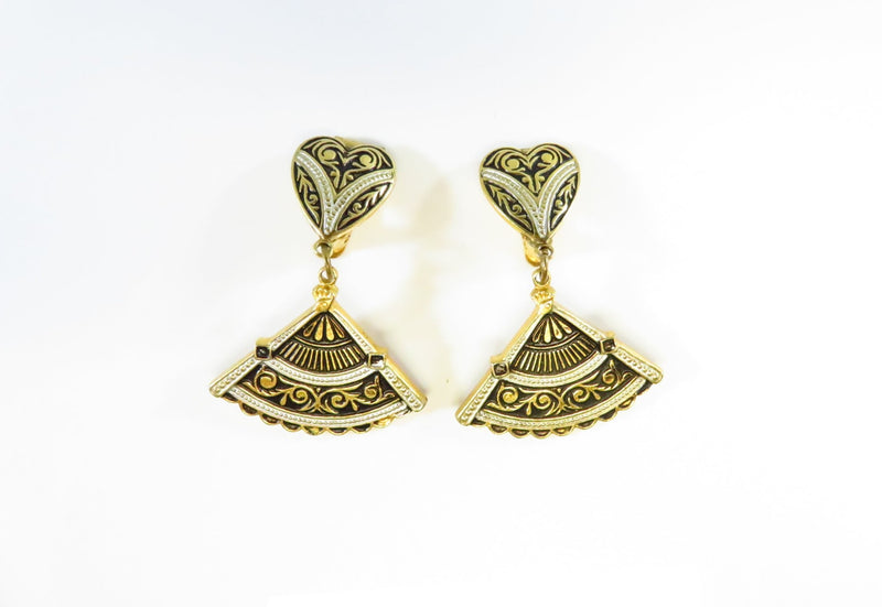 Vintage Style Damascene Fan Form Clip Earrings Gold Gilt Black White