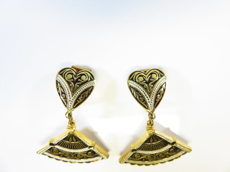 Vintage Style Damascene Fan Form Clip Earrings Gold Gilt Black White