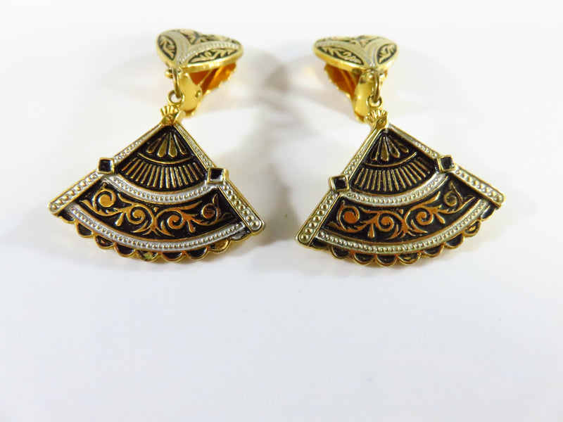 Vintage Style Damascene Fan Form Clip Earrings Gold Gilt Black White