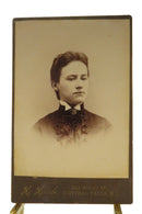 Antique Cabinet Card Young Woman Ruffles Collar Pin Earrings H. Houle — front view