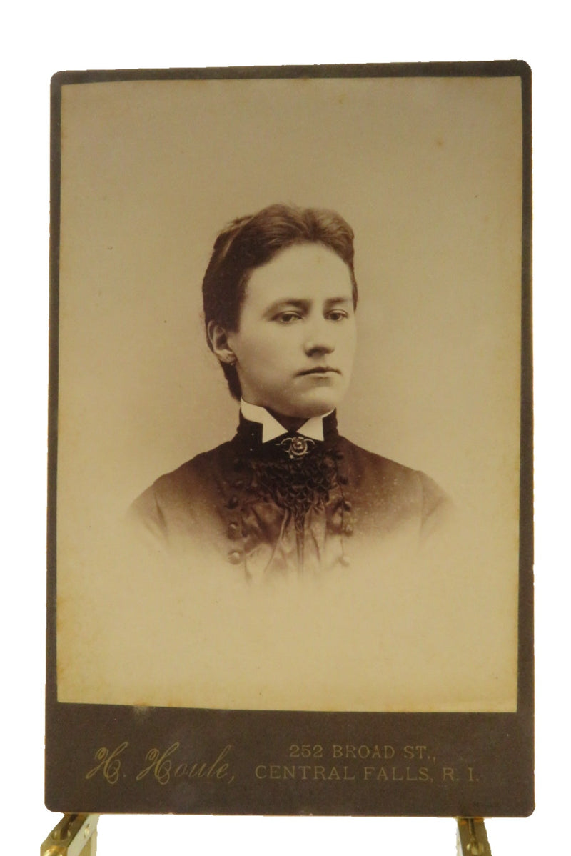 Antique Cabinet Card Young Woman Ruffles Collar Pin Earrings H. Houle — front view