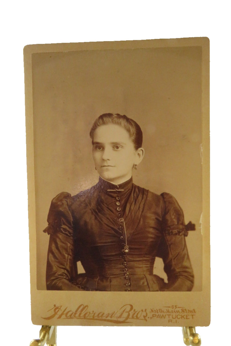 Antique Cabinet Card Woman Wearing Collar Chain Paste Earrings Halloran Bros — front view