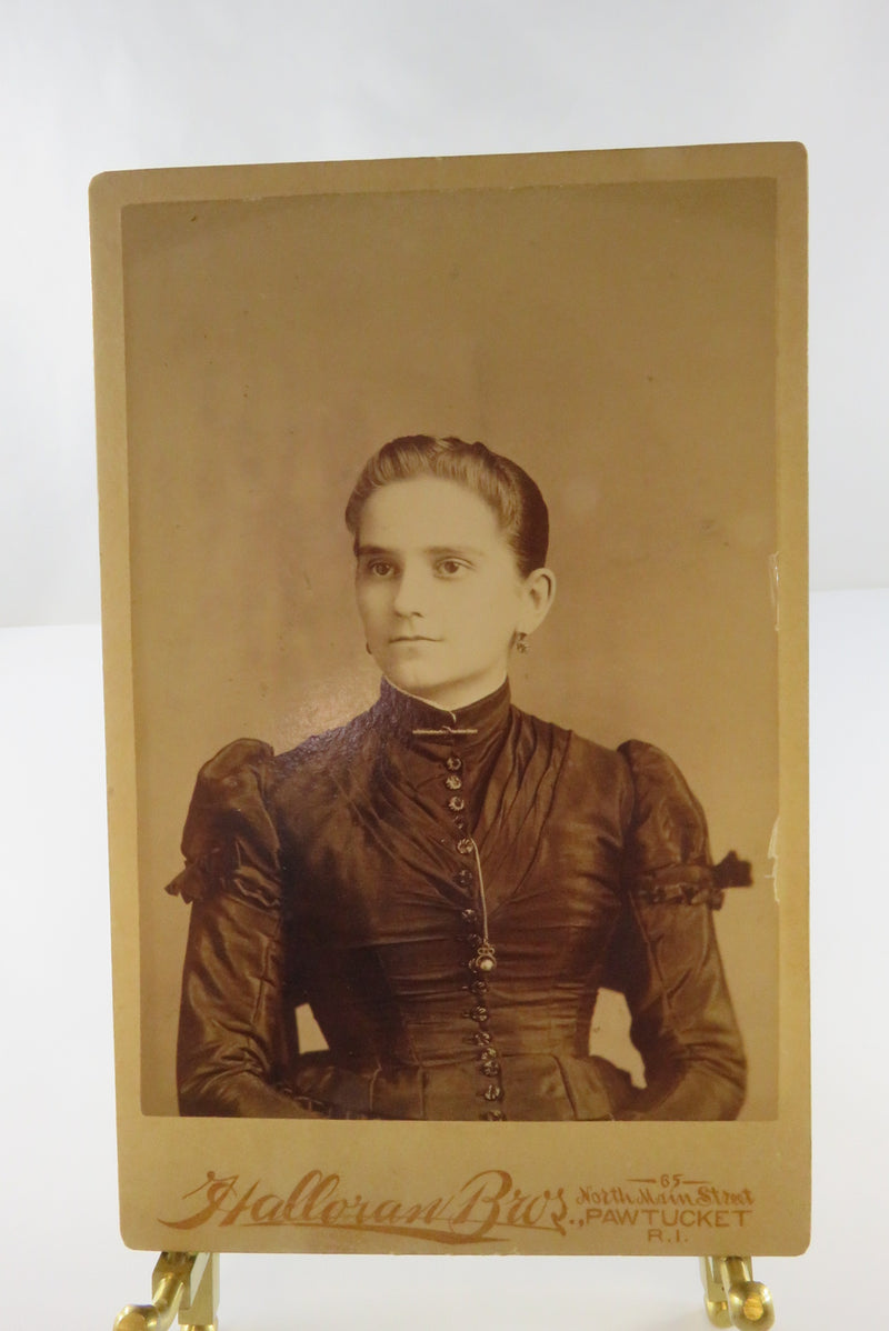 Antique Cabinet Card Woman Wearing Collar Chain Paste Earrings Halloran Bros