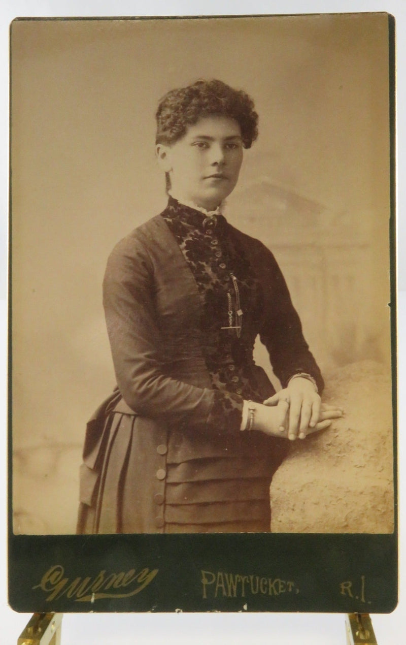 Antique Cabinet Card Woman Wearing Crescent Moon Collar Pin Watch Slide Chain — front view