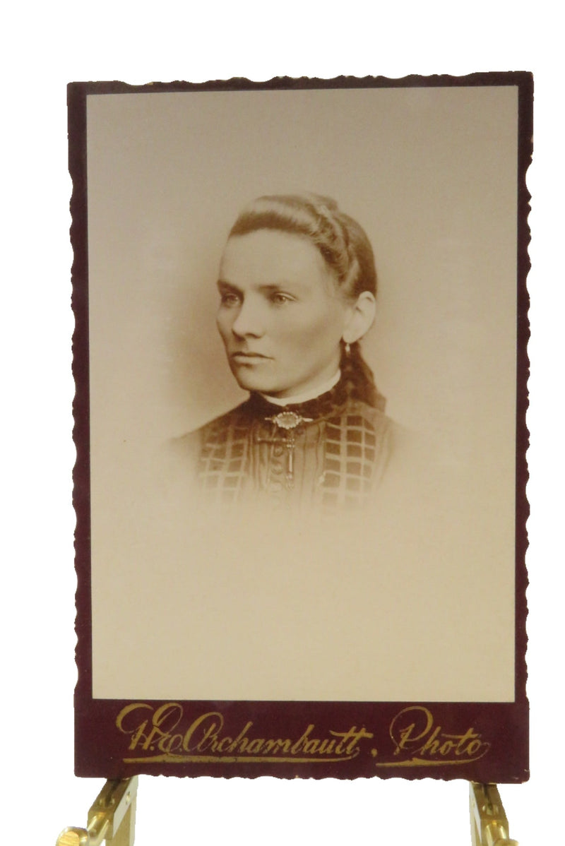 Antique Cabinet Card Woman with Fancy Collar Pin H. E. Archambault Montreal — front view