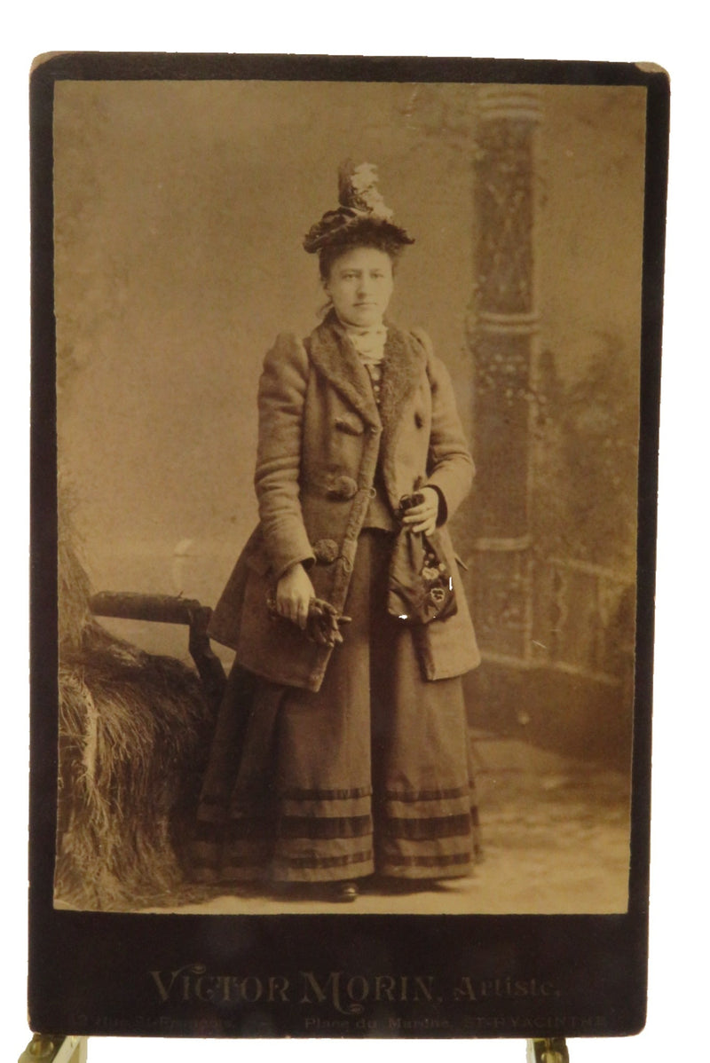 Antique Cabinet Card Woman Wearing Heavy Coat Big Hat Victor Morin, Artiste — front view