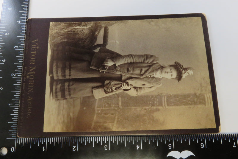 Antique Cabinet Card Woman Wearing Heavy Coat Big Hat Victor Morin, Artiste
