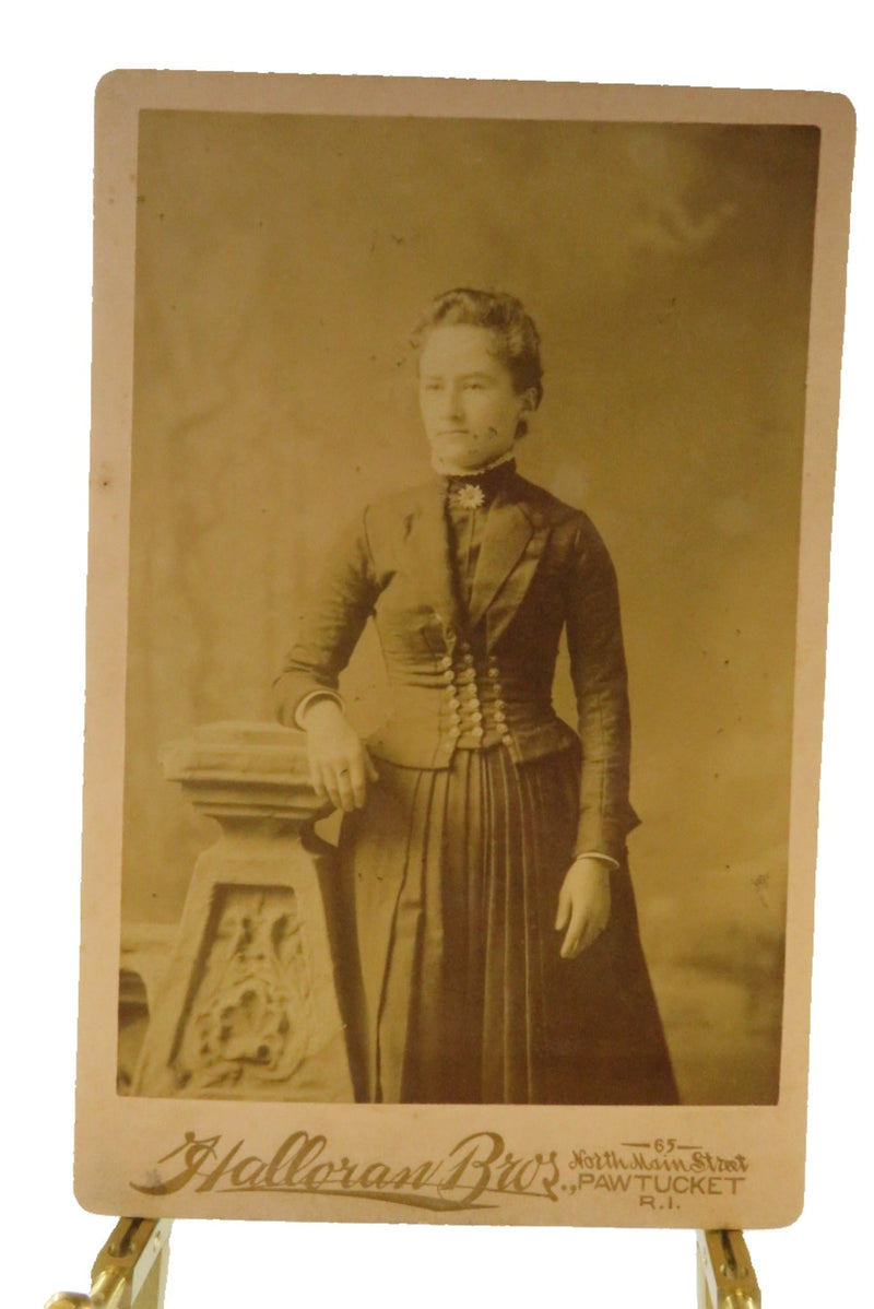 Antique Cabinet Card Woman Wearing Large Flower Pin Halloran Bros Pawtucket — front view