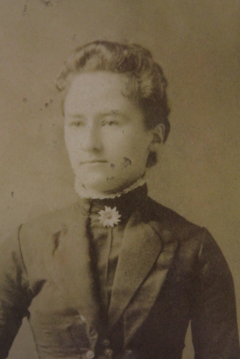 Antique Cabinet Card Woman Wearing Large Flower Pin Halloran Bros Pawtucket