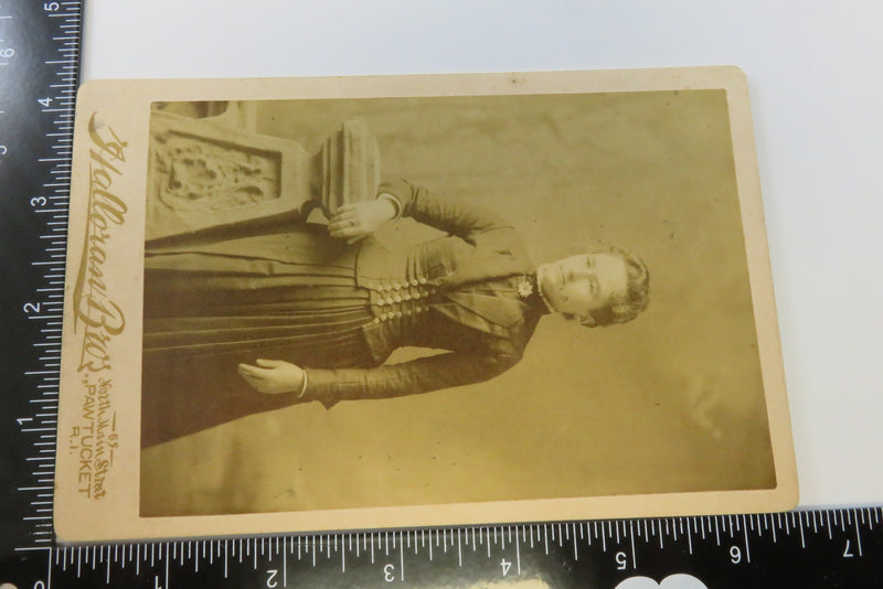 Antique Cabinet Card Woman Wearing Large Flower Pin Halloran Bros Pawtucket