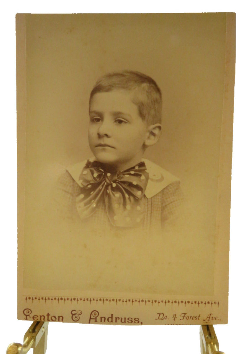 Cute Boy in Polka Dot Bow Tie Antique Cabinet Card Cut Card Fenton & Andruss — front view