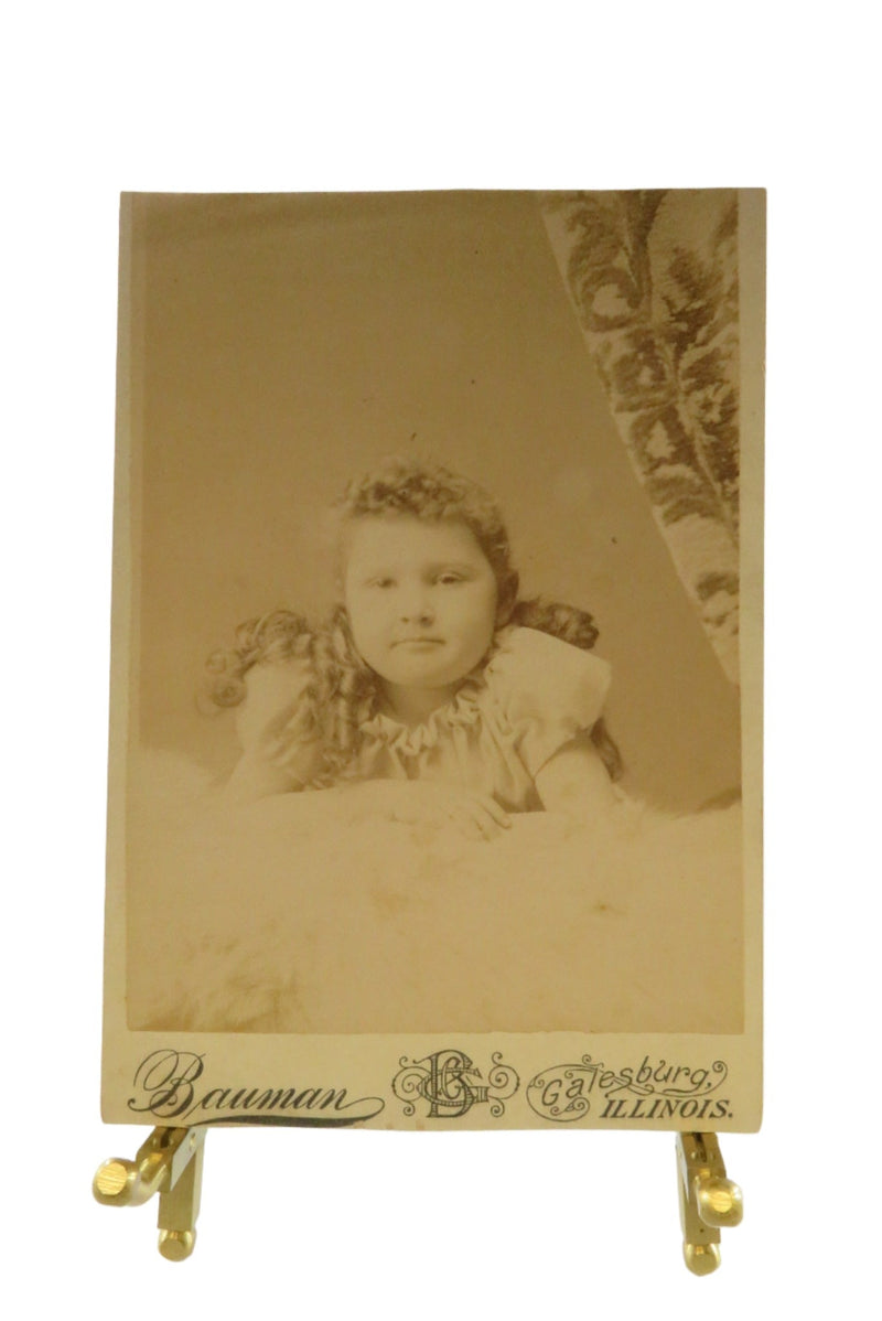 Antique Cabinet Card Cute Little Girl Cut Card Bauman Gatesburg Illinios — front view