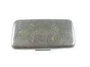 Silver cigarette case with engraved design on a white background