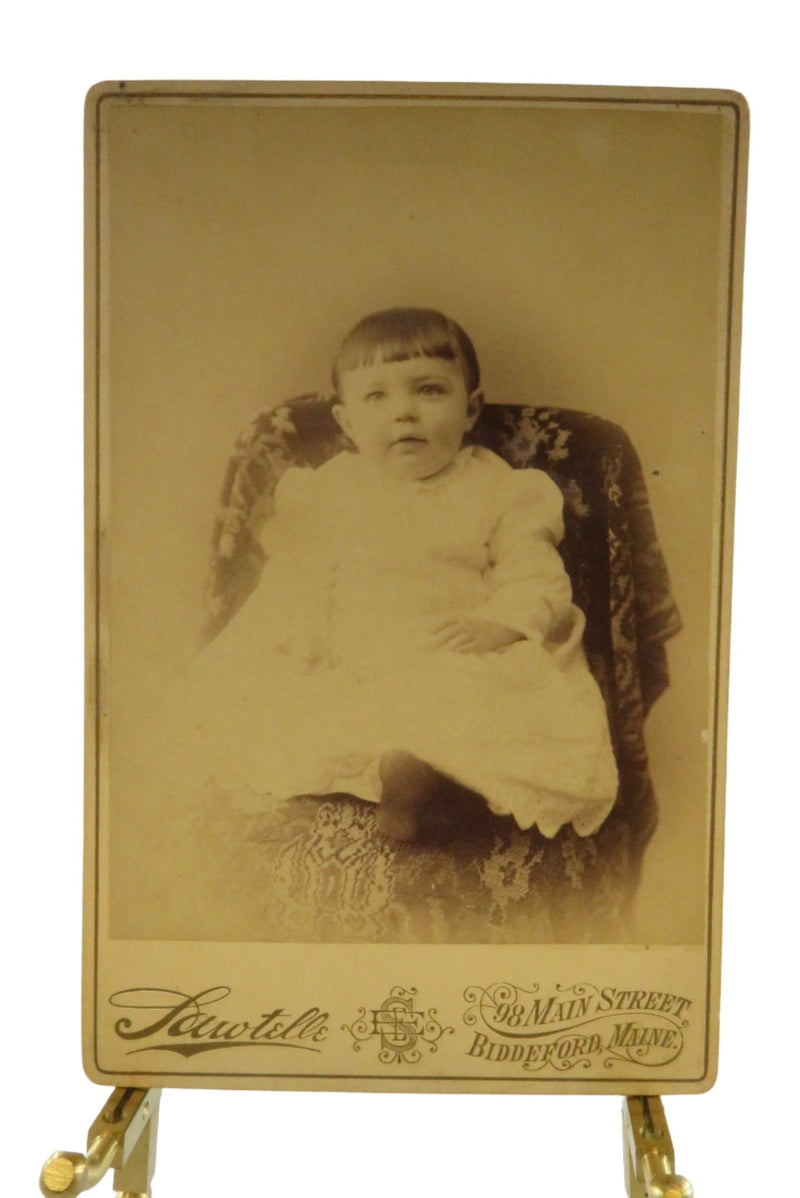 Antique Cabinet Card Cute Little Toddler in Chair Sawtelle Biddeford Maine — front view