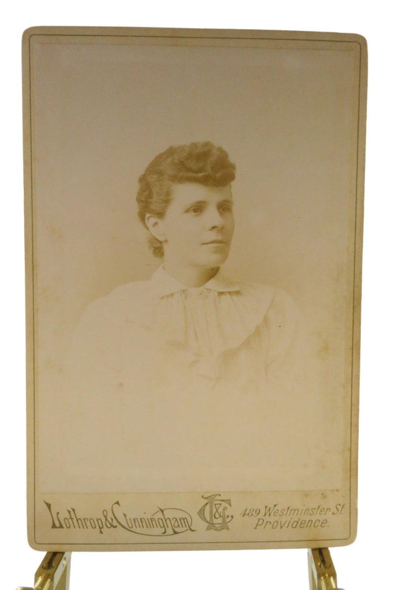 Antique Cabinet Card Woman in White Lothrop & Cunningham Providence RI — front view
