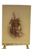 Antique Cabinet Card Little Girl in Plaid Lacy Dress Neumann Buffalo Card Cut — front view