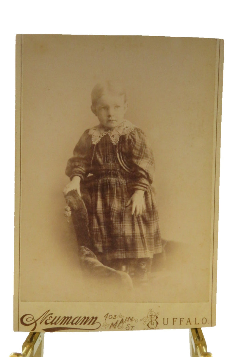 Antique Cabinet Card Little Girl in Plaid Lacy Dress Neumann Buffalo Card Cut — front view