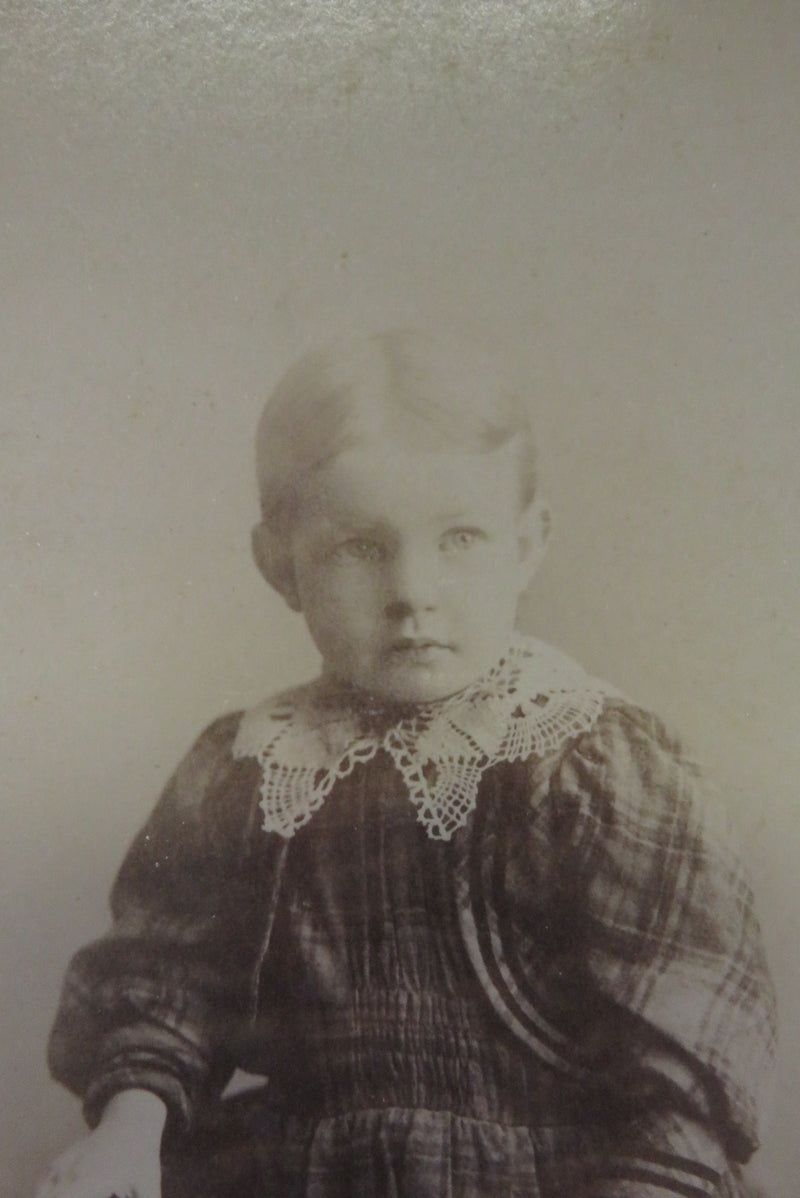 Antique Cabinet Card Little Girl in Plaid Lacy Dress Neumann Buffalo Card Cut