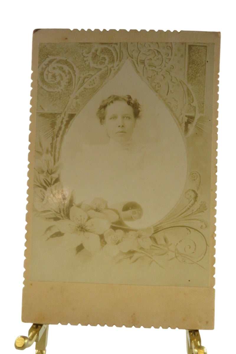 Antique Mourning Cabinet Card Woman With Floral Teardrop Border and Die Cut Card — front view