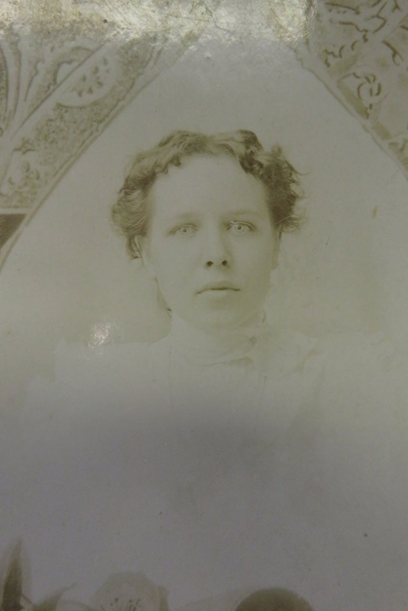 Antique Mourning Cabinet Card Woman With Floral Teardrop Border and Die Cut Card