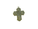 Bronze cross pendant with religious figures on a white background