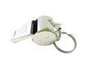 Metallic whistle with a keyring on a white background